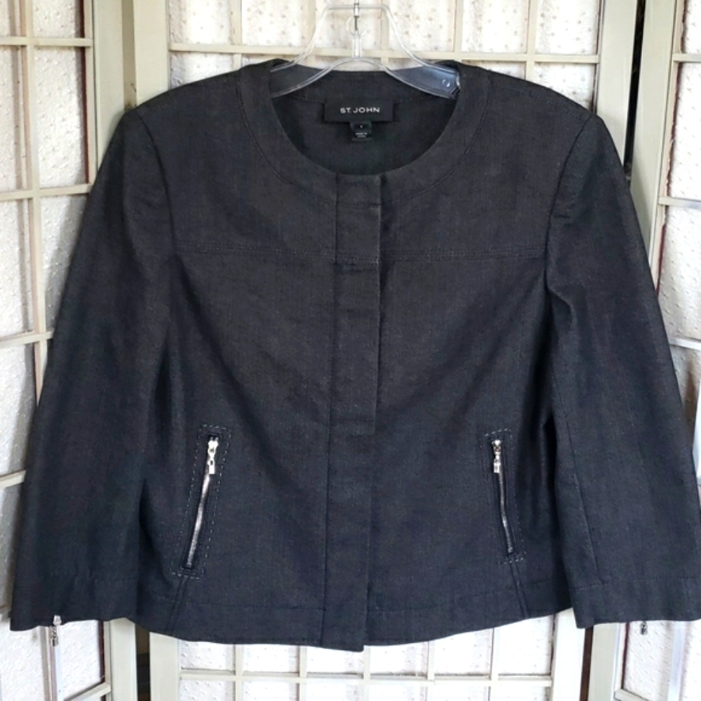 St. John dark gray full hide zip and button women's 3/4 blazer jacket si…
